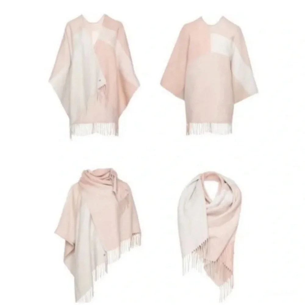 NWT SOIA & KYO Pink & Tan Colorblock Fringed Wrap Poncho Scarf Cardigan